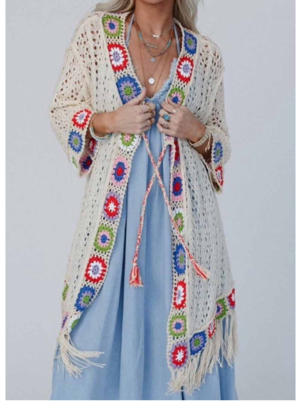 POL Crochet Knit Boho Cardigan Large Cream Granny Square Fringe Duster Sweater